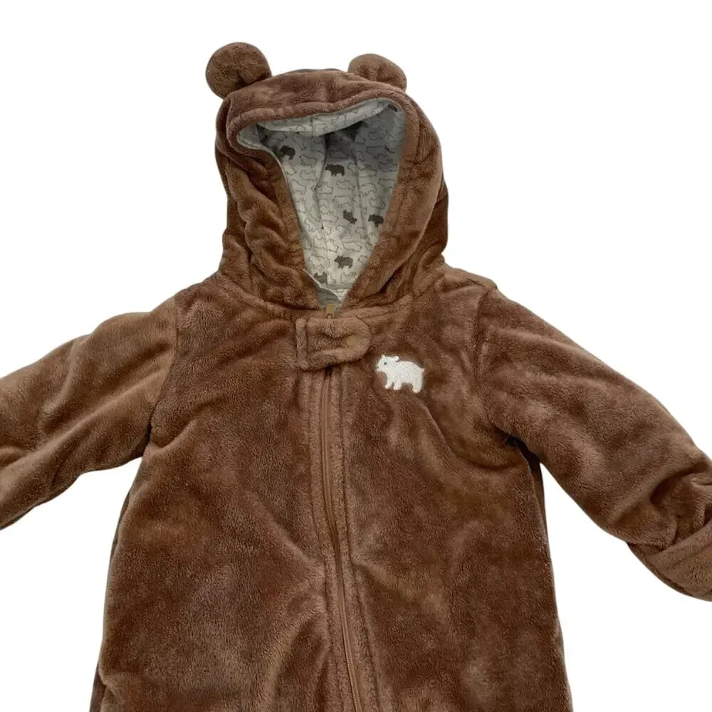 Unisex Brown Bear Fleece Outerwear, Bunting, One-Piece, Hooded Romper 6-9 Mos.